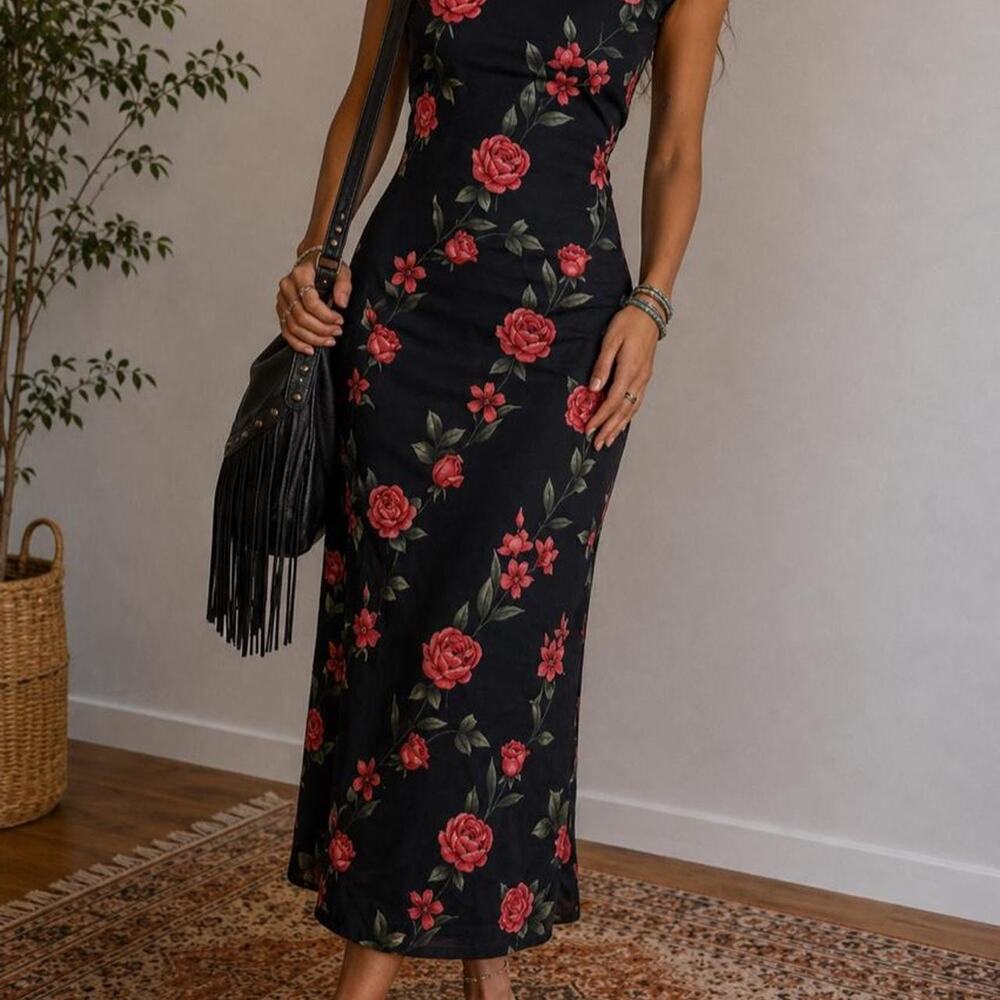 VTG 90s Rose Floral Slip Maxi Dress Grunge Boho Y2K Cottagecore Romantic Midi